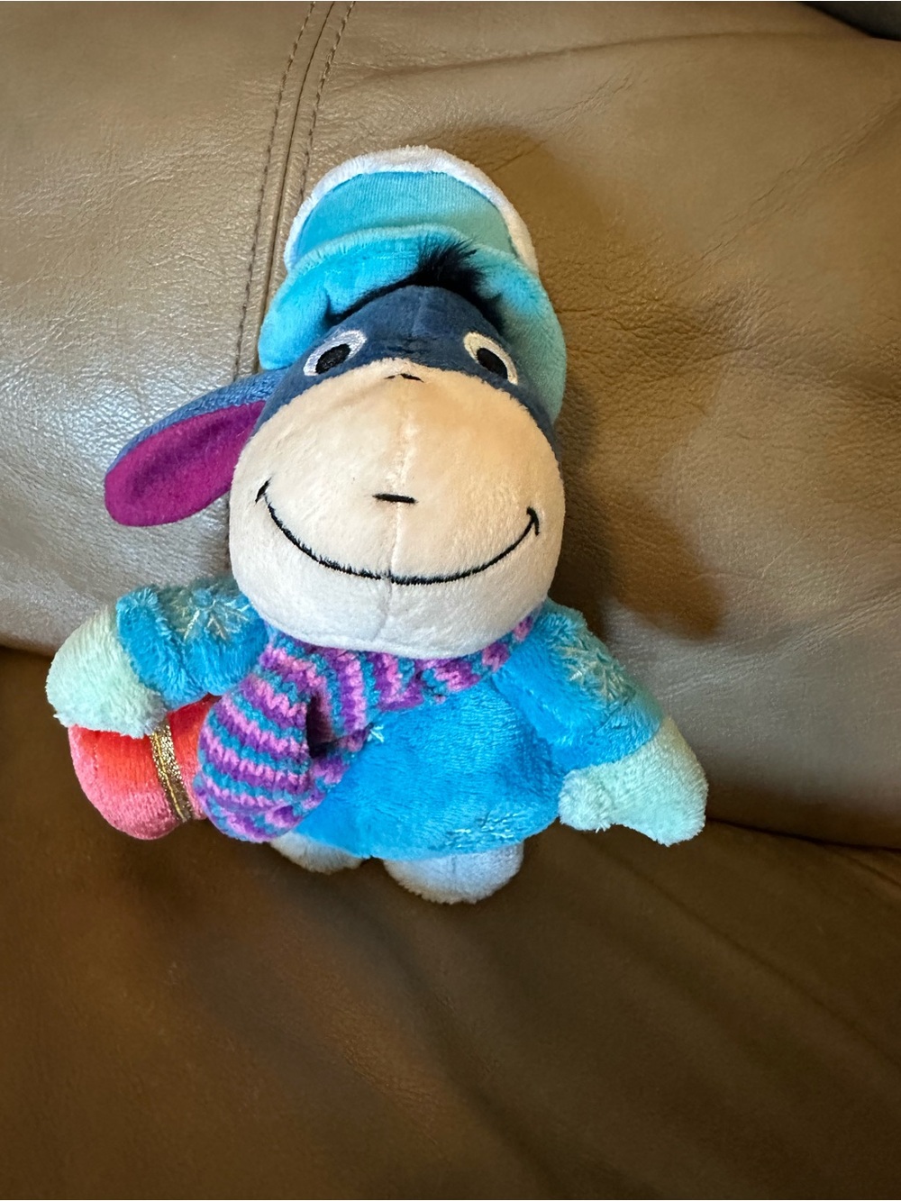 Disney Blue Eeyore Beanbag Plush with Striped Pink & Purple Scarf